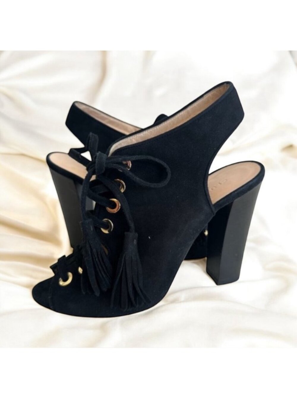 Club Monaco Black Suede Tassel Lace-Up Block Heel Sandals